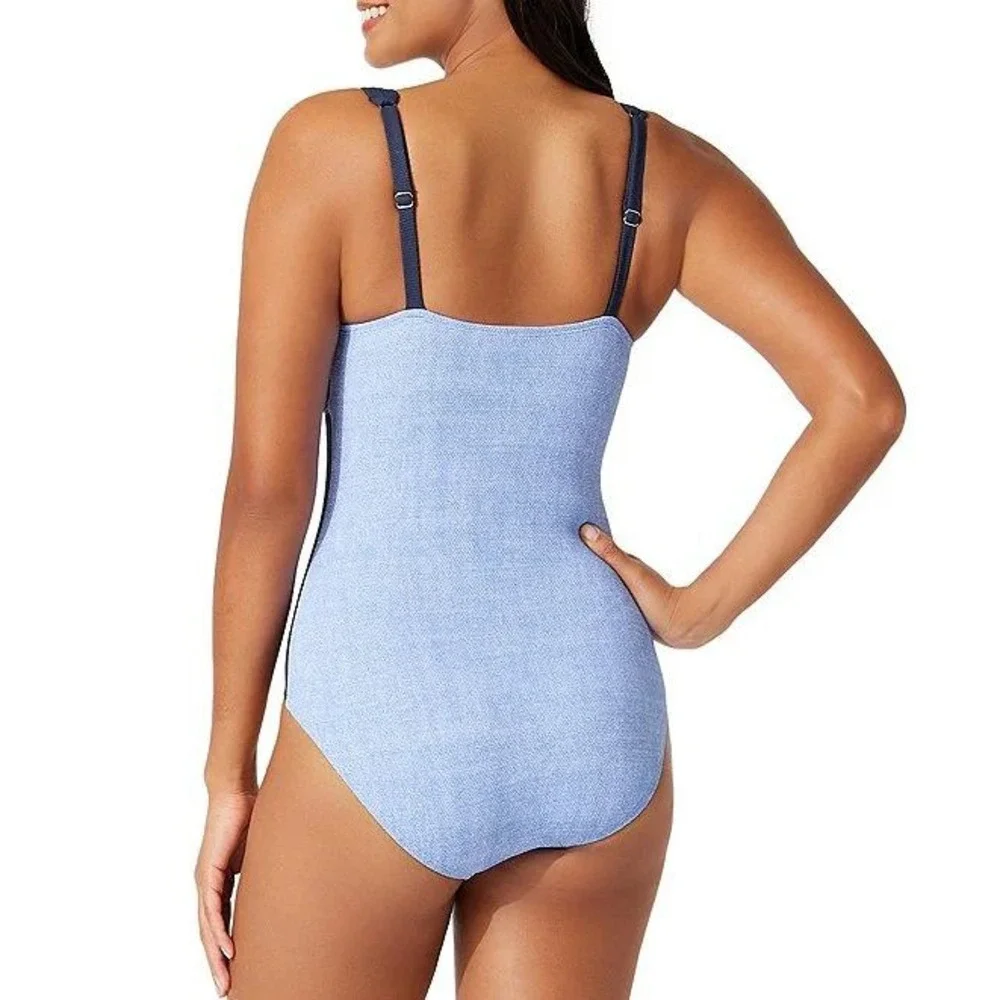 Tommy Bahama Island Cays Block Tie Front Tummy Control One Piece Swim Blue Sz 12